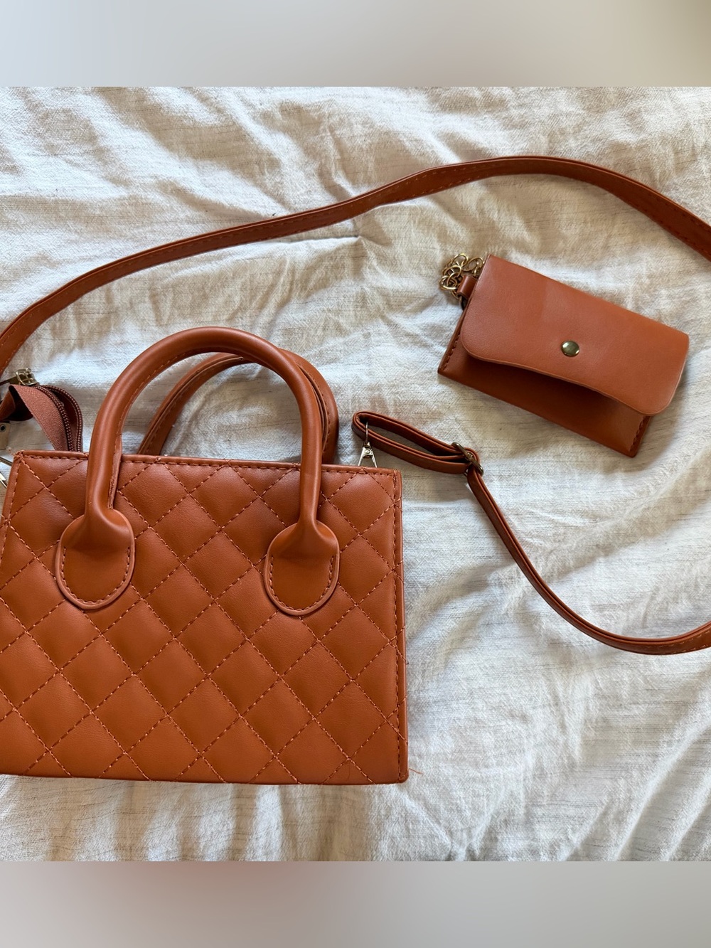 H&M Quilted Satchel and Detachable Pouch — Cognac Brown